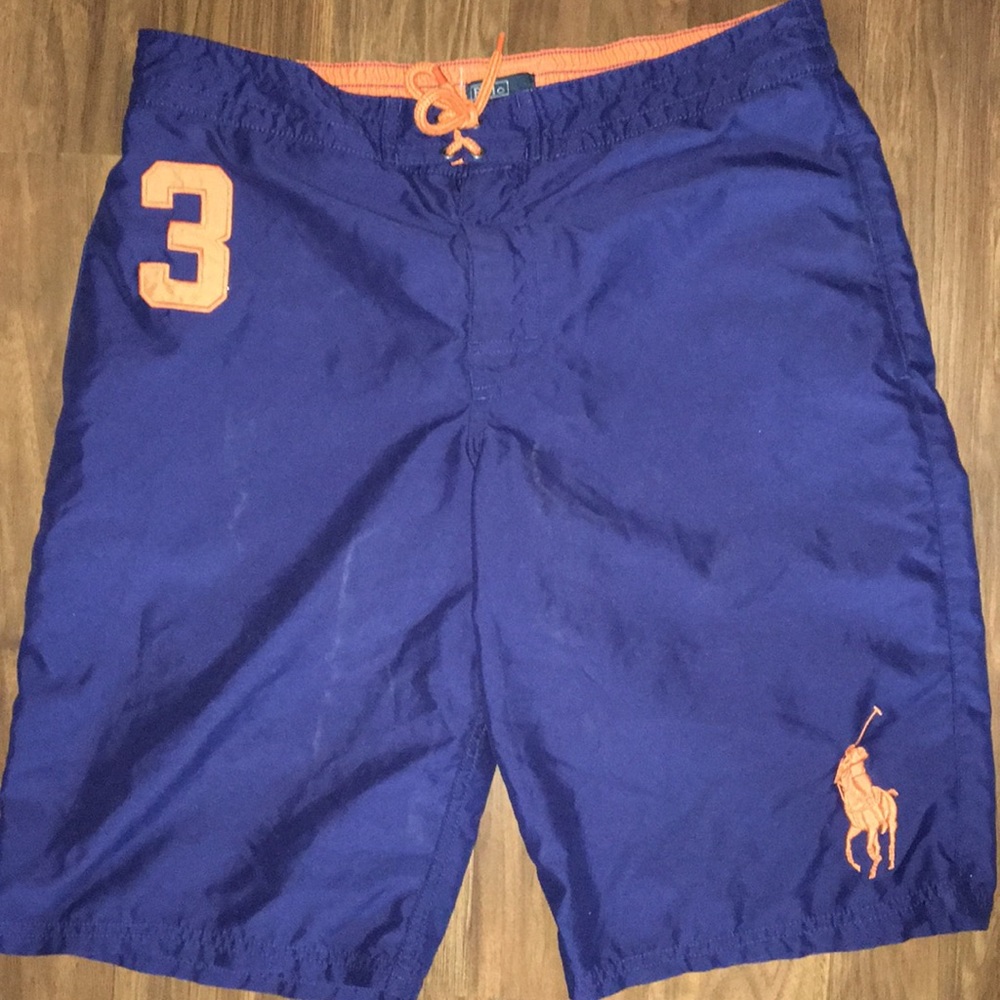 Boys 18 Polo navy swim trunks shorts XL orange